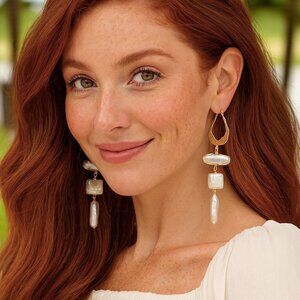 Golden Pearl Drop Earrings, Statement Dangle Earrings, Boho Chic Bridal Jewelry